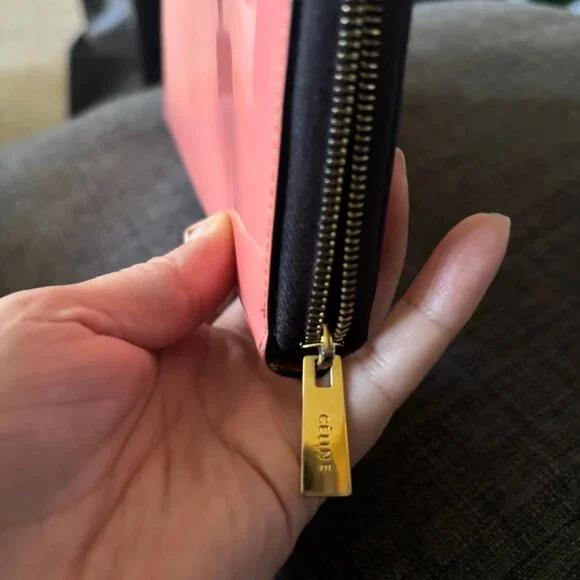 Authentic CELINE Coral Pink Patent Leather Long Continental ZIp Around Wallet